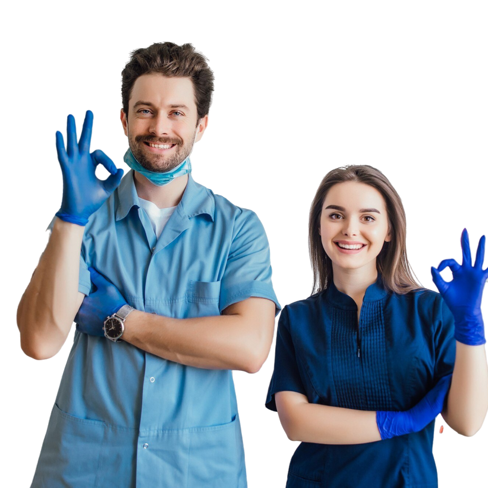photo-smiling-dentist-standing-with-arms-crossed-with-her-colleague-showing-okay-sign